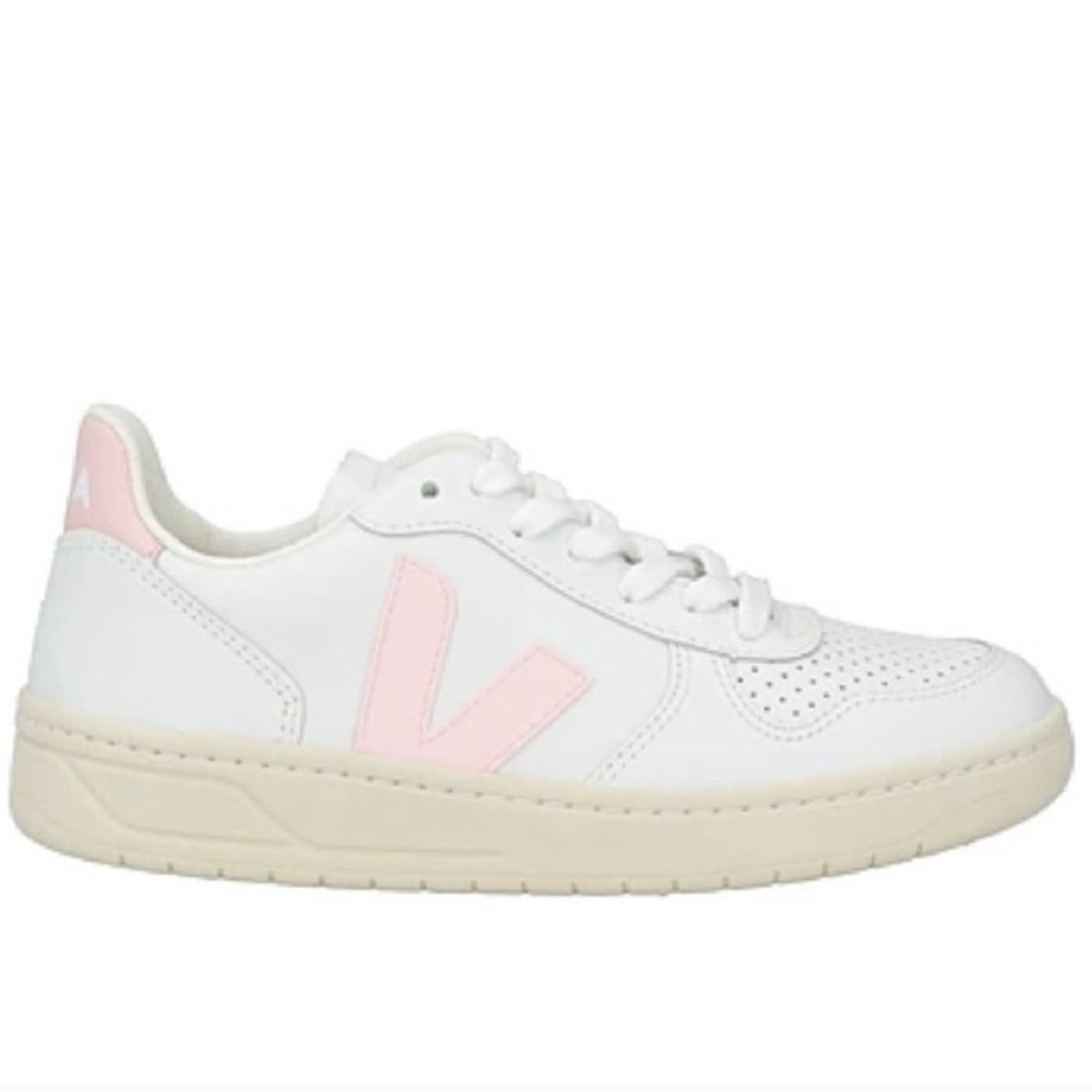 Veja V-10 Leather Sneakers - White and Light Pink: EUR 36 & US 5